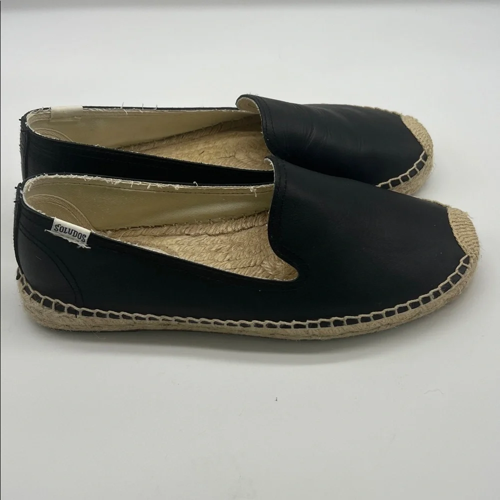 Soludos - Black Leather Espadrille Round Toe Smoking Platform Shoes Size 10